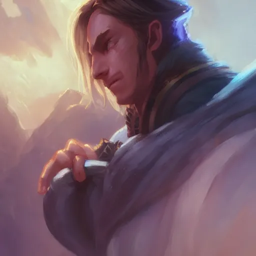 Image similar to anduin wrynn by mandy jurgens, world of warcraft, cinematic shot, brush hard, artstation, cgsociety, high quality, brush stroke