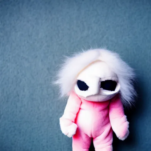 Image similar to lomography long shot of cute plush fluffy chthonic doll monster made to look like a baby, bokeh background