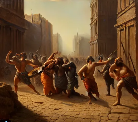 Image similar to an epic matte painting of podcasters, podcasters and YouTube streamers and TikTok stars fighting in the streets of an ancient during the bronze age collapse, soft lighting, very coherent, oil on canvas in the style of John grimshaw,