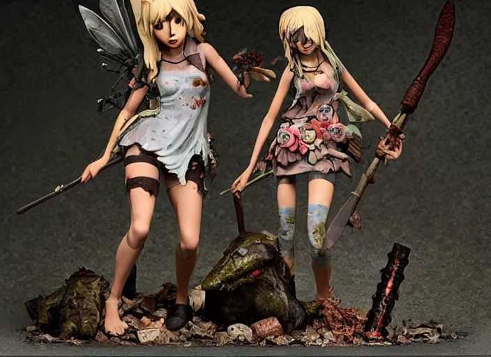 Prompt: an ominous femo figurine of a cute funny spear wielding fairy survivalist with bandages wearing a dirty floral torn dress featured on left 4 dead by studio ghibly and gamesworkshop, carrying survival gear in a large backpack, dark and moody atmosphere, hiding from zombies, 🎀 🗡 🧚