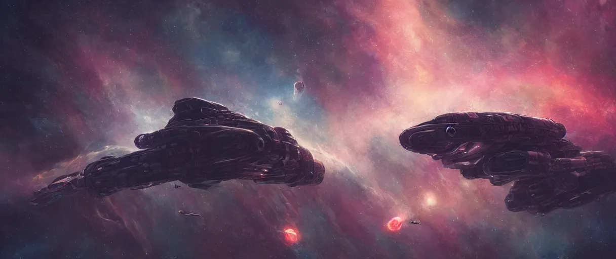 Prompt: concept art, exploration spaceship drifting in space, the expanse tv series, industrial design, immensity, alone in a nebula, space debris, cinematic lighting, low contrast, low saturation, 4k, anthem game inspiration, widescreen ratio, wide angle, beksinski, simon stalenhag