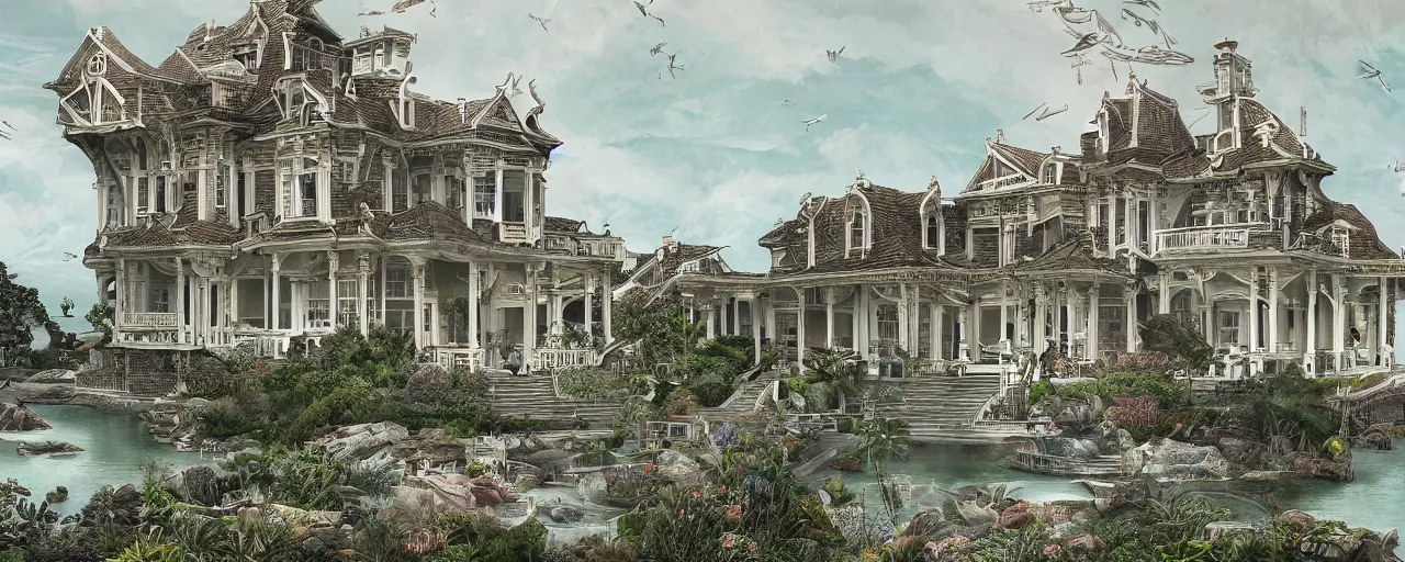 Image similar to a mansion on the seaside designed by James Jean, photorealistic