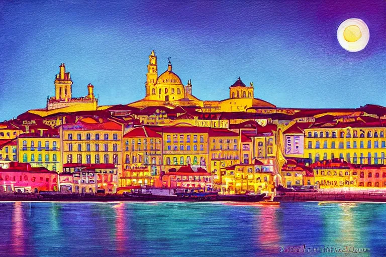 Image similar to lisbon city at night, art in the style of adriana molder