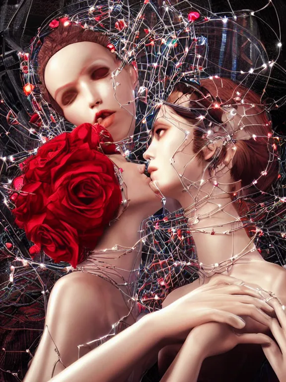 Prompt: a complex 3d concept art ultra detailed of two tulle wrapped perfect human face female half android queens praying together with wires tangled behind them connected to giant computer,bowknot, fine lace. GUCCI,sculpture,red rose, sparkling, jewel embellishment, cyberpunk 2077, film lighting, by Stanely Artgerm, Tom Bagshaw, Andrei Riabovitchev, aaron horkey, trending on pinterest,ZBrush, full of color, luxury, mythological, ultra realistic, high detail,golden ratio,cinematic lighting