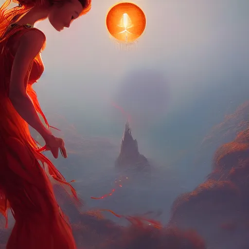 Image similar to goddes of the sun, beautiful, stunning, red golden dress, whirling with power in the sky, unreal engine, concept art, photorealistic, cinematic, james jean, akira, satochi con