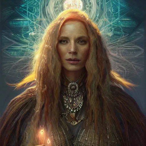 Image similar to ultra realistic illustration of cj miles as a cyber shamanic witch casting am elderit h spell, intricate, elegant, highly detailed, digital painting, artstation, concept art, smooth, sharp focus, illustration, art by artgerm and greg rutkowski and alphonse mucha