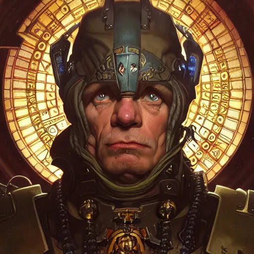 Image similar to full portrait of warhammer 4 0 k mike meyers, fantasy, d & d, intricate, detailed, by by alphonse mucha, adolfo hohenstein, alice russell glenny, stanley artgerm lau, greg rutkowski, detailed, trending on artstation, trending on artstation, smooth