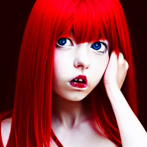 Image similar to anime girl with red hair, confused facial expression, in red dress, portrait, by sakimichan