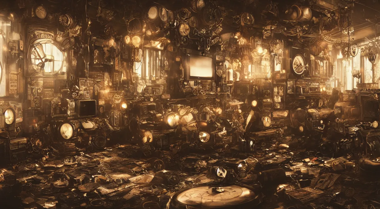 Image similar to Steampunk interior, television screens, random technology, other junk, rubbish, dirty, photographic quality, directed by Stanley Kubrick, atmospheric lighting, cinematic, trending on artstation, octane render