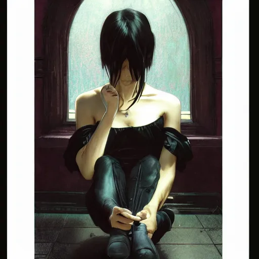 Image similar to a lonely young girl with straight long black hair wearing black dress that sitting on bathroom floor, art by artgem, greg rutkowski and alphonse mucha for capcom co, resident evil