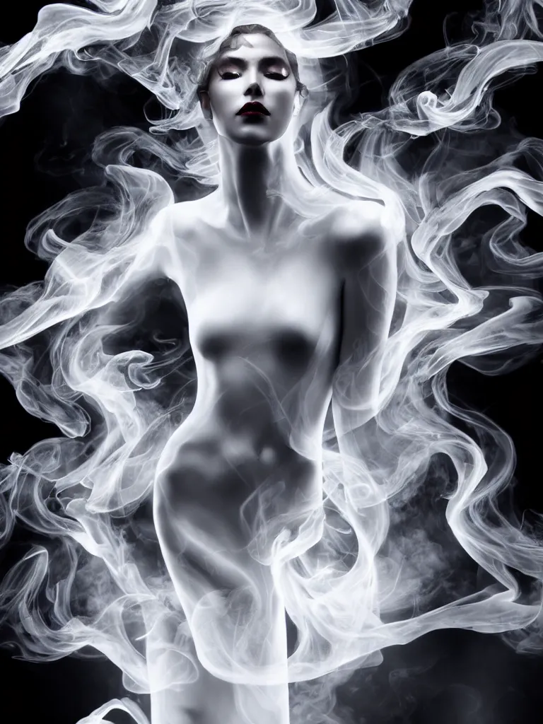 Image similar to white noir priestess, flowing swirls of smoke, hyperreal octane render volumetric cinematic