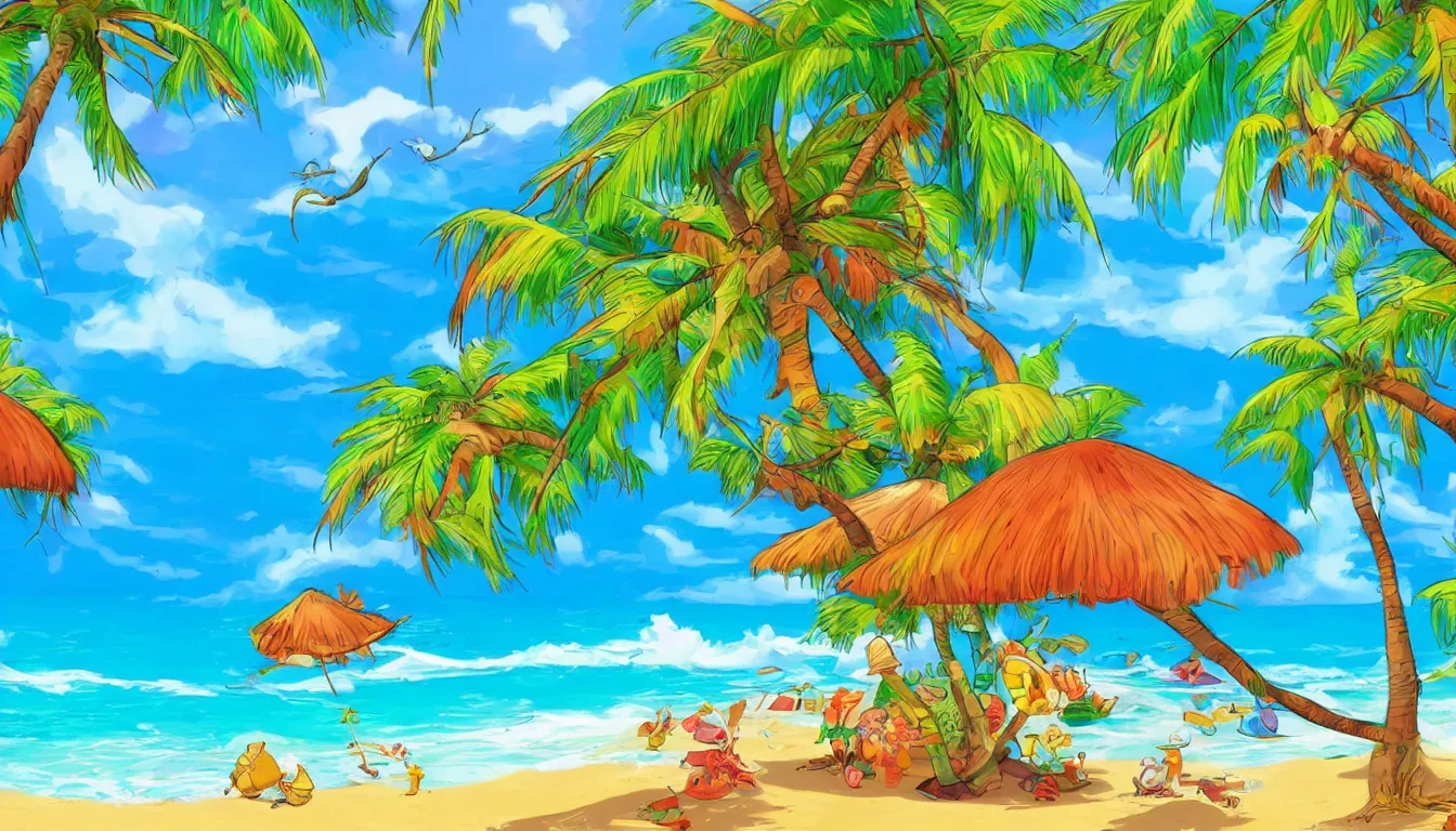 Prompt: a tropical beach scene, Disney cartoon, animation, high detail, colorful