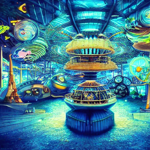 Image similar to undersea shopping center built from various sea shells, sea weed, light prisms, light diffraction, steampunk, cyberpunk, cool lights, anime, vhs distortion