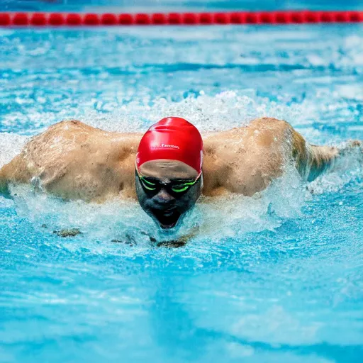 Image similar to a man finishing the 100 meter swim in record time