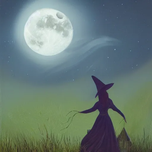 Prompt: painting of a witch standing in the middle of a field looking up at the moon, with an old house behind her, lots of fog and smoke on the ground, beautiful moon light