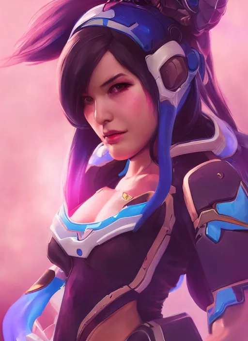 Prompt: character portrait of a fusion of D.Va from Overwatch and Hanzo from Overwatch by ArtGerm and Tom Bagshaw, 4k, highly detailed, cinematic lighting, characters merged