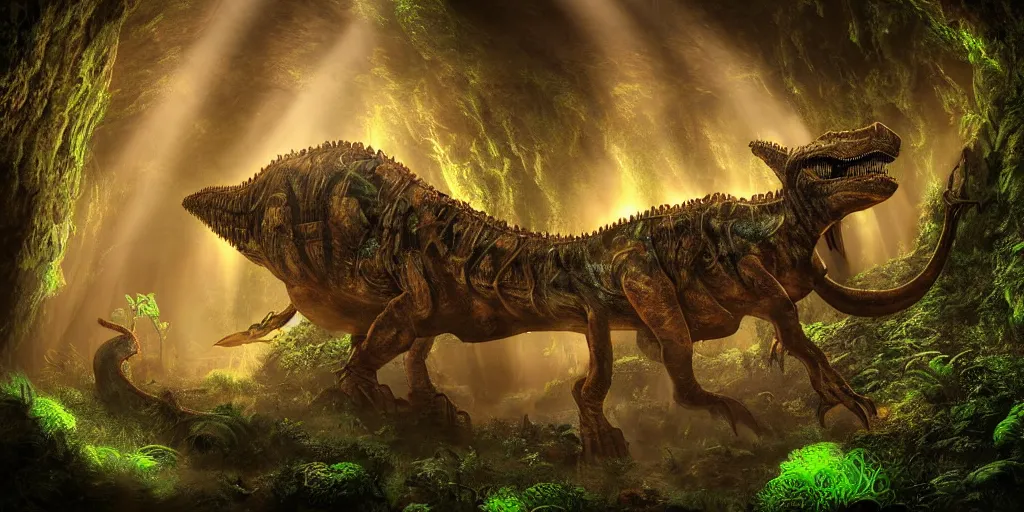 Image similar to magnificent mechanical steampunk dinosaur looking eerily into a cave entrance with lush vegetation and mystical (((glowing algae))) in the sunset, light coming through from holes in the ceiling, desaturated, creepy ambiance, dangerous, sharp focus, highly detailed, artgerm