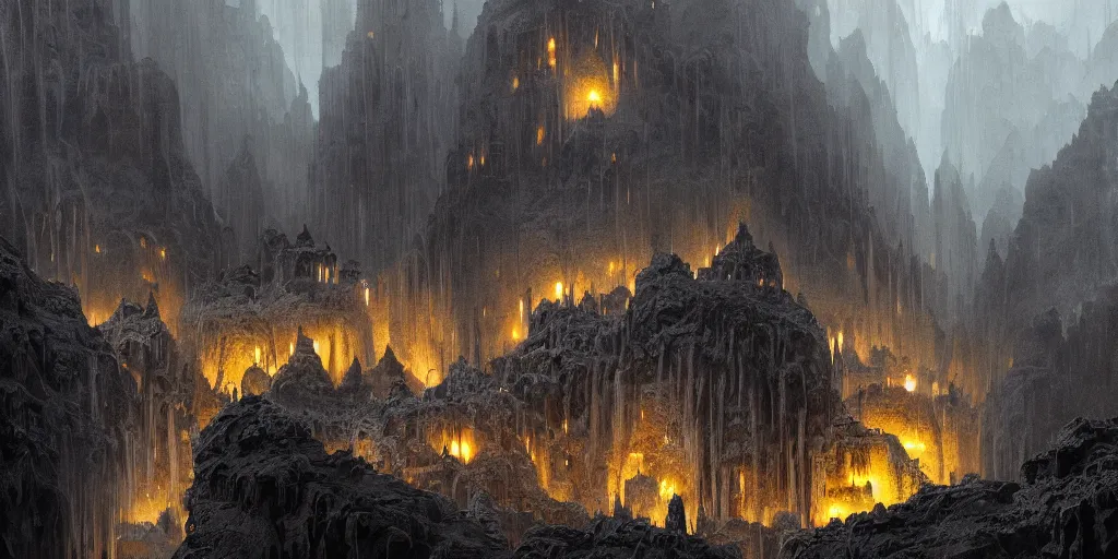 Prompt: a fantasy dwarven city, dark cave, rainy and gloomy, viewed from afar, cold colours, dripping stalactites, buildings carved into stalactites, extremely detailed oil painting, unreal 5 render, rhads, bruce pennington, studio ghibli, tim hildebrandt, digital art, octane render, beautiful composition, trending on artstation, award - winning photograph, masterpiece