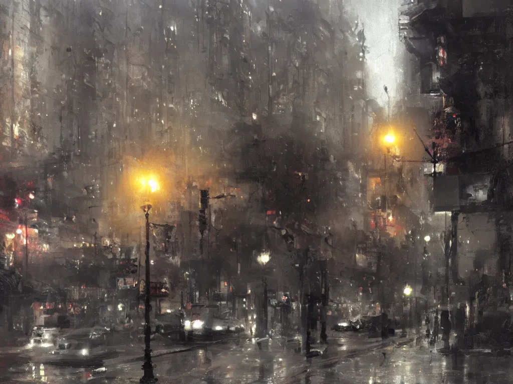 Image similar to detailed street scene, volumetric lighting, painting by jeremy mann