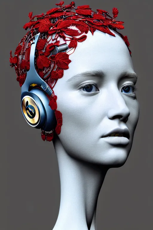 Prompt: complex 3d render ultra detailed of a beautiful porcelain profile beautiful face with headphones by beats by dre, biomechanical cyborg, analog, 150 mm lens, beautiful natural soft rim light, big leaves and stems, roots, fine foliage lace, red blue silver details, massai warrior, Alexander Mcqueen high fashion haute couture, pearl earring, art nouveau fashion embroidered, steampunk, intricate details, mesh wire, mandelbrot fractal, anatomical, facial muscles, cable wires, microchip, elegant, hyper realistic, ultra detailed, octane render, H.R. Giger style, volumetric lighting, 8k post-production