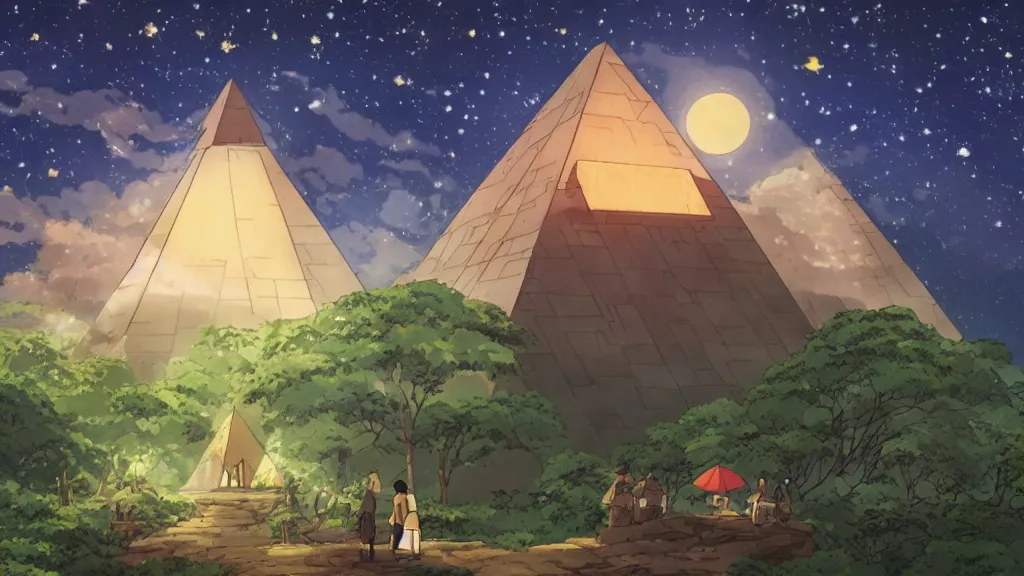 Image similar to a movie still from a studio ghibli film showing a huge glowing pyramid in the rainforest with a floating gold capstone on a misty and starry night. by studio ghibli