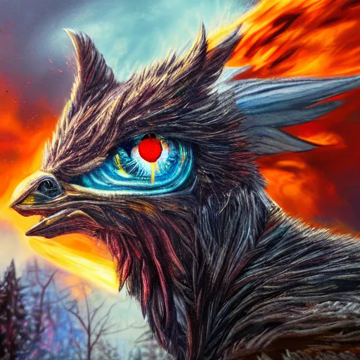 Prompt: A wide shot of griffin in the sky, colorful eyes, glowing eyes, fire, frost, angry, demonic, detailed, fine lines, realism, hyper-realistic, 8k, hd,