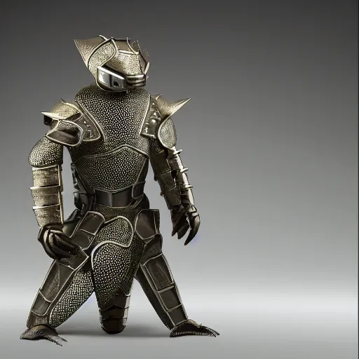 Image similar to a humanoid Pangolin armored knight with metallic armor that looks similar to a pangolin and biotechnology mesh