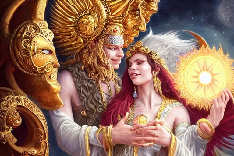 Image similar to close up moment of a divine a sun god and a moon goddess lovers magician at a wedding banquet, highly detailed, d & d, fantasy, highly detailed, digital painting, trending on artstation, concept art, sharp focus, illustration, art by artgerm and greg rutkowski and magali villeneuve