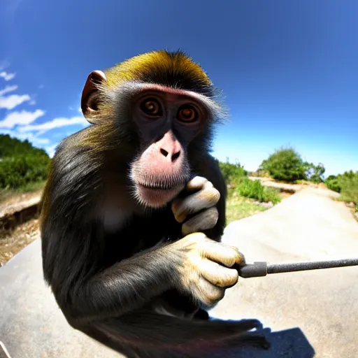 Prompt: A monkey smoking methamphetamine out of a crack pipe, fisheye lens