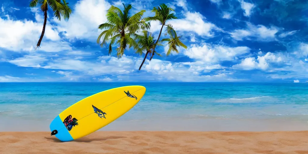 Prompt: chihuahua surfing tropical background waves focus photography 4k hyper realism surreal sunny beach