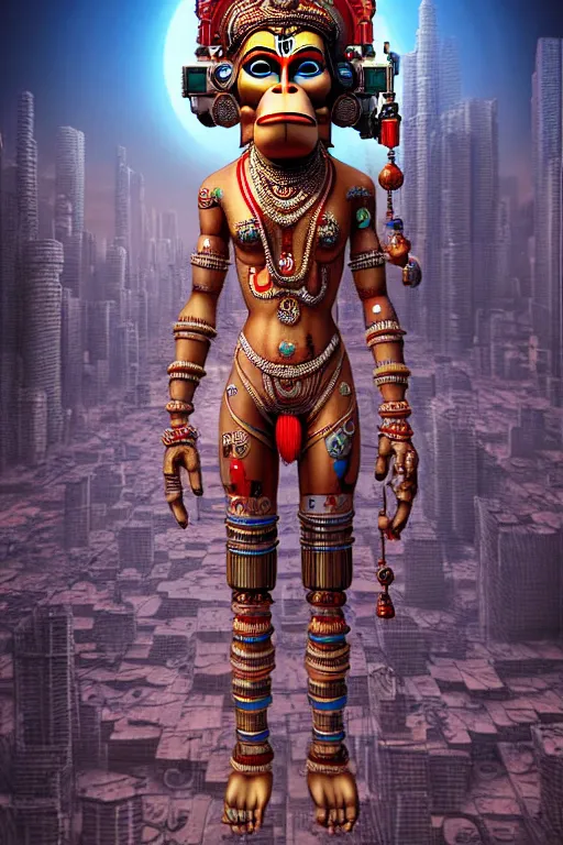 Image similar to high quality 3 d render very cute cyborg!! hanuman! madhubani, highly detailed, cyberpunk mumbai in the background, unreal engine cinematic smooth, in the style of solaris, hannah yata charlie immer, moody light, low angle, uhd 8 k, sharp focus