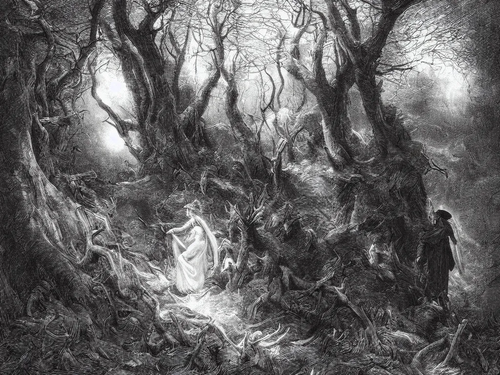 Prompt: an engraving of dante within a dark tangled forest, wistman ’ s wood by gustave dore