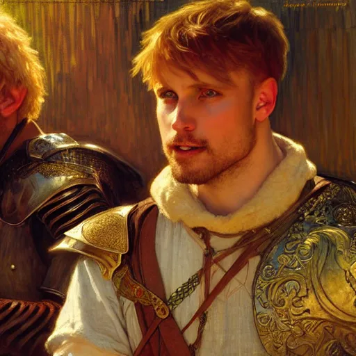 Image similar to attractive arthur pendragon and his attractive male knight, they are in love, natural lighting, path traced, highly detailed, high quality, digital painting, by gaston bussiere, craig mullins, alphonse mucha j. c. leyendecker