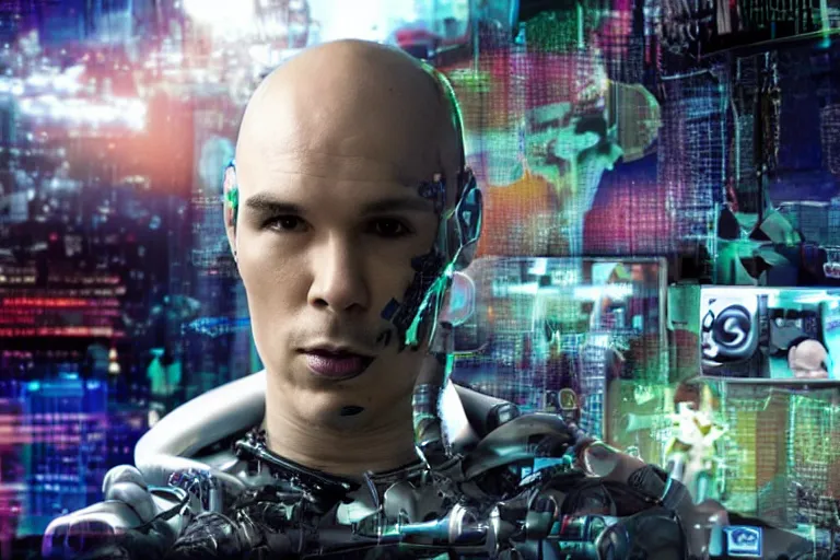 Image similar to cyborg - pitbull, surrounded by screens, in 2 0 4 5, y 2 k cybercore, industrial low - light photography, still from a ridley scott movie