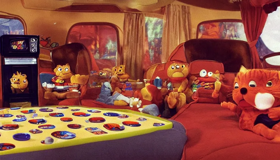 Image similar to 1990s photo of inside the Garfield's Wild Dream ride at Universal Studios in Orlando, Florida, riding a box with a blanket, with Garfield the cartoon cat, through a living room filled lasagna, coffee cups, and lava lamps, cinematic, UHD