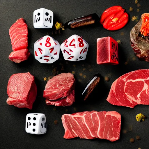 Image similar to d20 made of meat, dnd, dice, die, steak, beef, oily, glisten, juicy, gaming, in the style of food photography, food stylist, japanese restaurant menu picture,