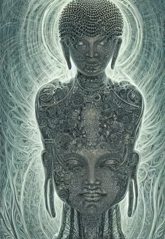 Image similar to perfectly centered portrait, front view of a beautiful biomechanical fractal robot buddha, female, flowing hair, intense stare, sarcastic smile, symmetrical, concept art, intricate detail, volumetric shadows and lighting, realistic oil painting by alex grey and gustave dore,