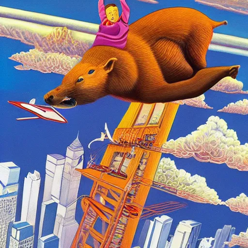 Image similar to a detailed painting of a capybara in a cape flying above new york by casey weldon, new contemporary art, comic book illustration