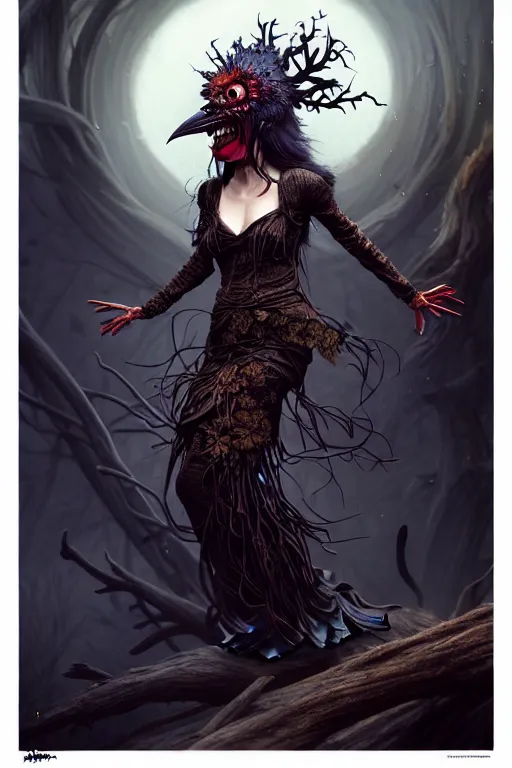 Prompt: full body shot, malevolent witch facing front laughing maniacally, smoke hair, crow helmet, floral dress, dead forest on fire, fantasy, intricate, photorealistic, elegant, stylish, highly detailed, digital painting, artstation, concept art, smooth, sharp focus, illustration, art by artgerm and greg rutkowski and terese nielsen