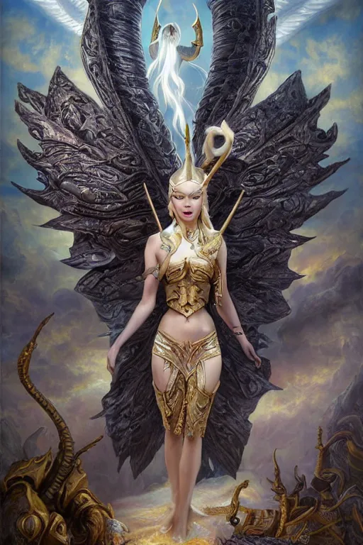 Prompt: mystical valkyrie, portrait of a beautiful female atlantean anubis alien warrior elsa jean, regal, realistic, refined, detailed digital art, francois boucher, oil painting, michael cheval, esao andrews, steampunk, walt disney ( 1 9 3 7 ), highly detailed, cinematic lighting, unreal engine, 8 k, hd