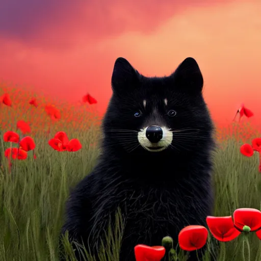 Prompt: a closeup photorealistic photograph of a black cute adult cat sitting on 4 paws next to big a black and white adult racoon in a field of poppy with a red sunset in the background. This 4K HD image is Trending on Artstation, featured on Behance, well-rendered, extra crisp, features intricate detail and the style of Unreal Engine.