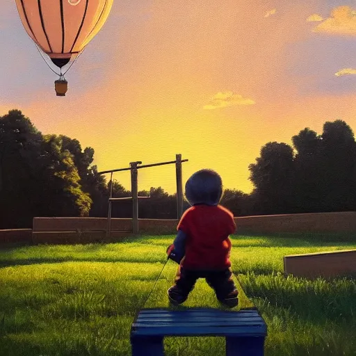 Prompt: high - angle view, shot from 5 0 feet distance, baby yoda strolls plays on a seesaw in a city park. a balloon vender in the background. dramatic clouds, setting sun. golden hour, oil on canvas painting, detailed, depth, volume, chiaroscuro, quiet intensity, serene.