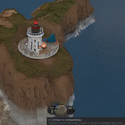 Image similar to screenshot of a lighthouse in a coastal landscape in the game Disco Elysium