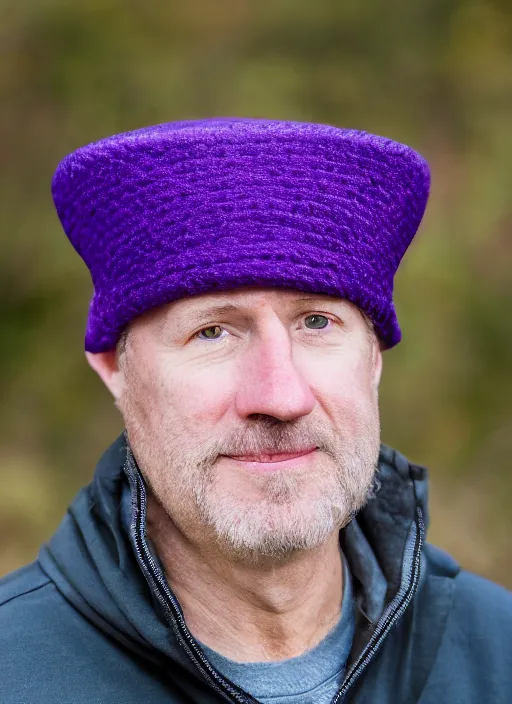 Image similar to portrait photo still of real life craig tucker wearing a purple hat and purple clothes, 8 k, 8 5 mm, f. 1 4