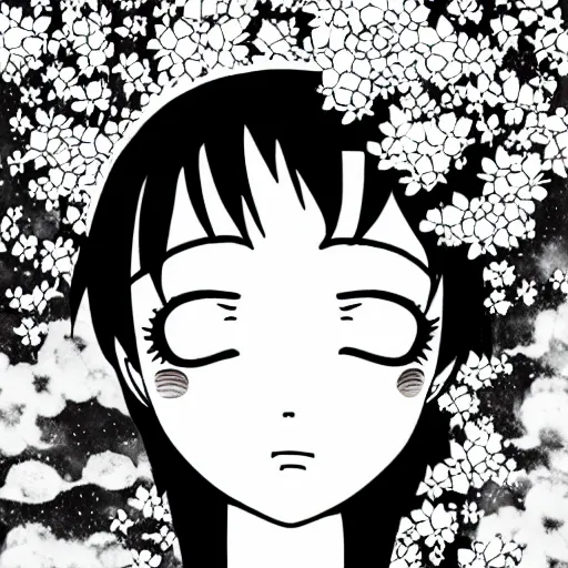 Image similar to a girl sleeping in the moon, anime style, black and white, bloom