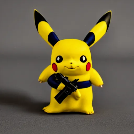 Prompt: pikachu holding a gun, clay sculpture, 33mm, high res photo