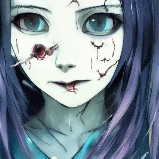 Prompt: urban school zombie girl in tattered clothes fanart, dark blue long hair, muted colors, matte print, pastel colors, ornate, digital art, cute smile, digital painting, fan art, elegant, pixiv, by Ilya Kuvshinov, by Studio Ghibli