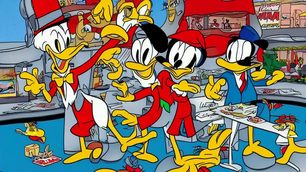 Prompt: fear and loathing in las vegas featuring donald duck, animation movie scene by don rosa