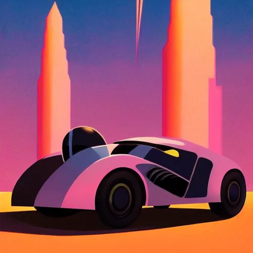 Image similar to concept art of an art - deco batmobile. matte painting by beeple and rhads and peter mohrbach. cgsociety, car and driver magazine, artdeco, retrofuturism, vaporwave aesthetic, sci - fi, artstation hq