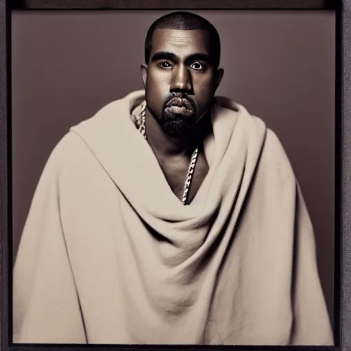 Image similar to a chiaroscuro lighting portrait of kanye west dressed as rick owens, black background, portrait by julia margaret cameron, shallow depth of field, 8 0 mm, f 1. 8